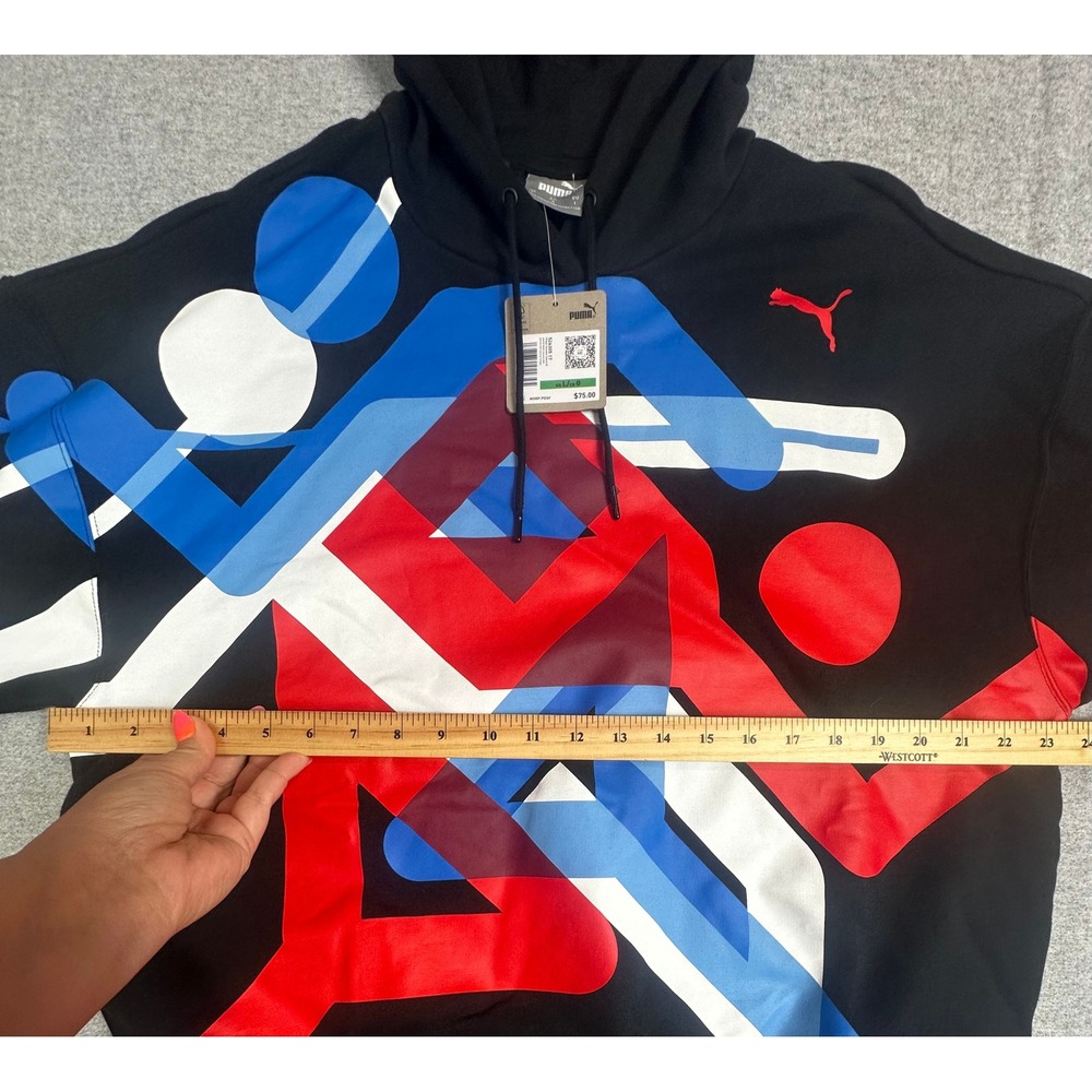 New Puma Olympic Village Graphic Hoodie Large Black Red Blue USA Sweatshirt - Picture 7 of 10